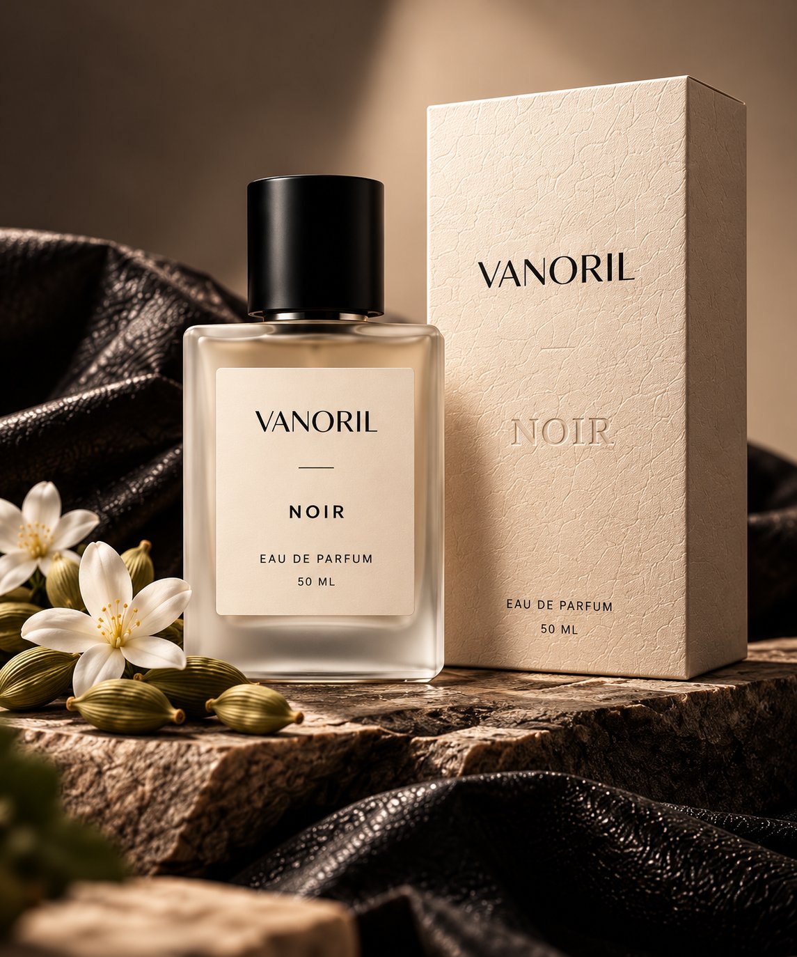 VANORIL NOIR Eau de Parfum, 50ml — frosted glass bottle with a matte black cap and ivory label, beside its matching ivory textured carton with the NOIR name embossed on the front. Provisional packaging mockup, not yet final production artwork.